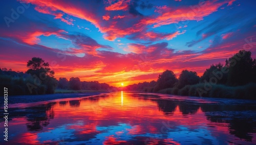Colorful sunset and reflection on the river with empty copy space for text