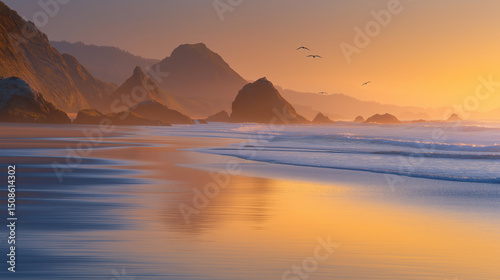 Misty coastal sunset with golden reflections and mountain silhouettes