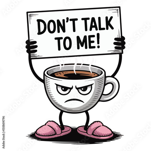 A man holds a hot brown cup of coffee, while a vector illustration also depicts him holding a mug of tea, both beverages suggesting a cafe breakfast