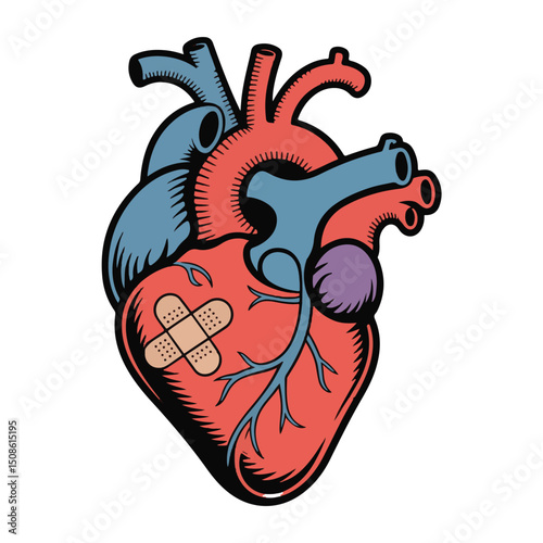 Blue vector design shows human heart anatomy with a symbol of a heart attack