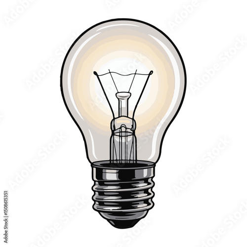 A bright glass lightbulb, isolated on white, represents electric power and the concept of a glowing idea
