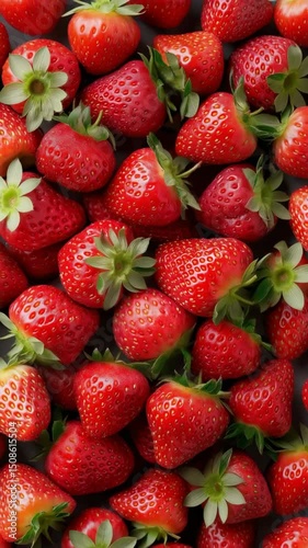 A close up of a bunch of red strawberries. The strawberries are fresh and ripe, and they are arranged in a way that makes them look like they are ready to be eaten. Concept of abundance and freshness