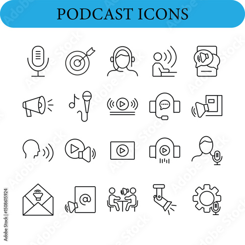 Podcast set of web icons in line style.