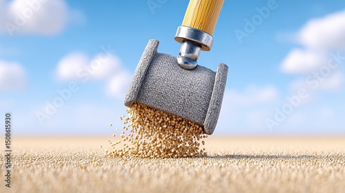 Metallic Shovel Pouring Sand Grains on Sandy Surface Under Blue Sky