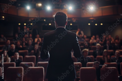 Man standing on stage giving a presentation to an audience in a dark auditorium. Conference speaker with spotlight for business meeting or seminar concept.