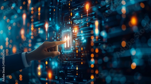 Man points at upward arrows on abstract digital interface, conceptualizing data growth and smart analysis for network progress.