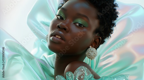 Woman with green eyeshadow and large sparkling earring. Vibrant makeup look for beauty and fashion concepts. Creative cosmetic advertisement.