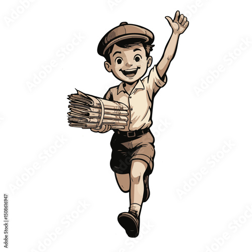 A cool cartoon illustration shows a funny boy character with a smile and hat jumping