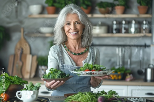 Woman smiling and holding two plates of fresh salad greens in her kitchen. Concept of healthy eating and organic lifestyle.