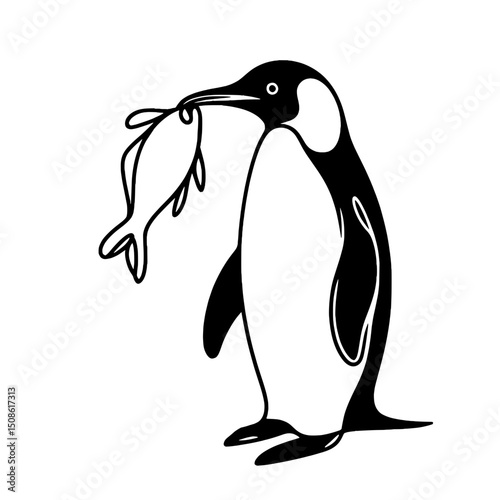 Penguin holding a fish in a simple line outline vector style  