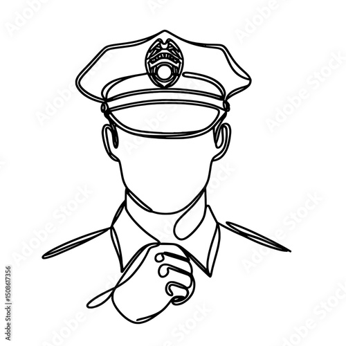 One-line drawing of police officer adjusting shirt collar , single line outline vector 