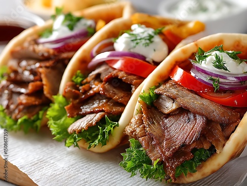 Closeup view of delicious gyros with meat, vegetables, and tzatziki sauce photo