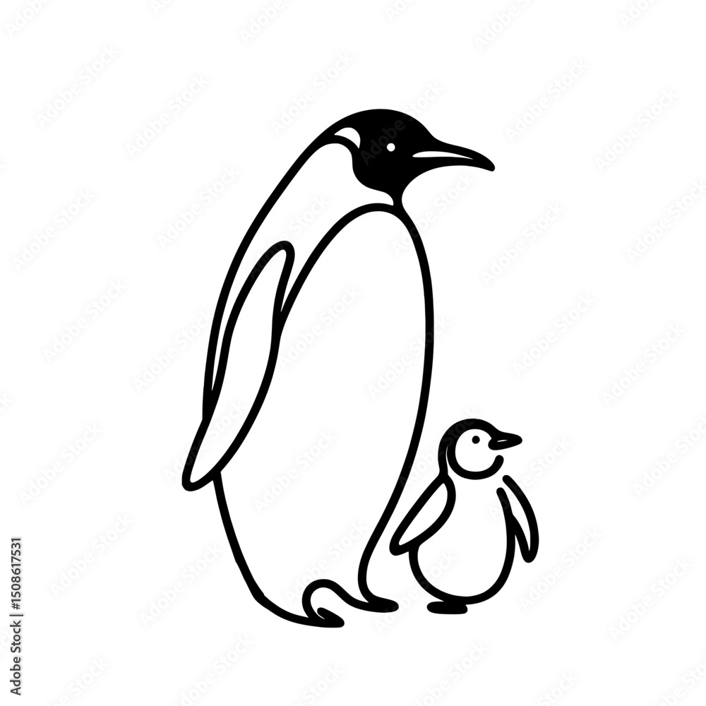 Fototapeta premium Illustration of a penguin and chick in single line outline vector style 