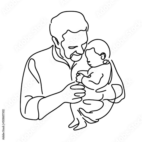 Father holding baby in a tender moment outlined in one line  