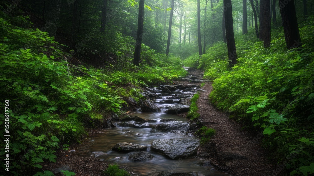 Obraz premium Misty Forest Stream Winding Through Lush Green Foliage