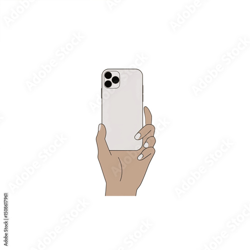 A flat vector-style illustration of a hand with light brown skin tone holding a white smartphone with a triple camera setup