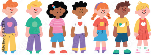 Diverse group of happy cartoon children standing together smiling, showcasing friendship, childhood fun, playful kids, and colorful kidswear illustration.