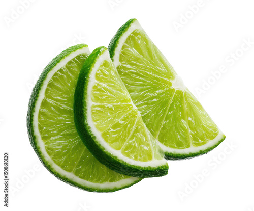 Fresh lime slices for culinary uses and beverage garnishing on a transparent background, cut out