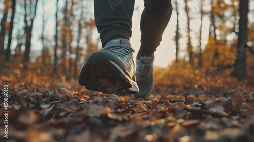 Man’s feet in running shoes stepping on fallen autumn leaves. Outdoor jogging or hiking in a forest park. Healthy lifestyle concept.