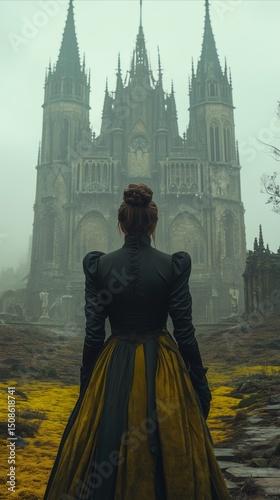 Woman from behind looking at an old gothic cathedral in the fog. Medieval architecture on a mysterious landscape. Historical travel and exploring concept.