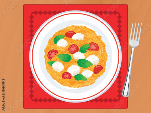 Fusilli pasta alla Caprese on a plate top view vector illustration. Fusilli pasta with tomato, mozzarella cheese and basil leaf on a wooden table above view vector