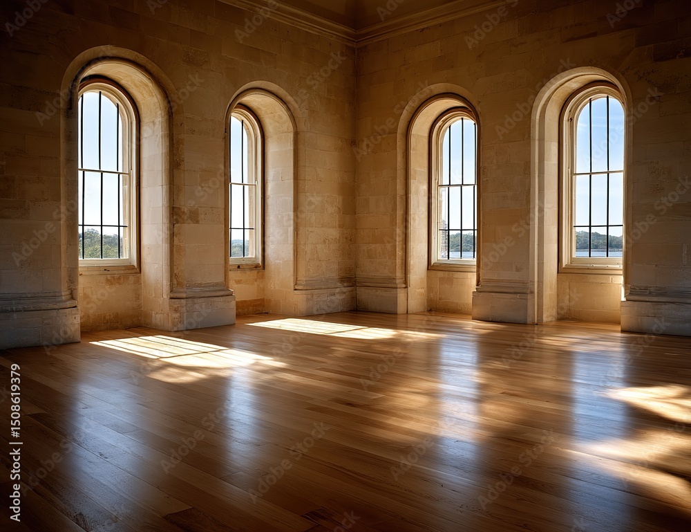 Fototapeta premium Sunlit Empty Room With Arch Windows And Wooden Floors