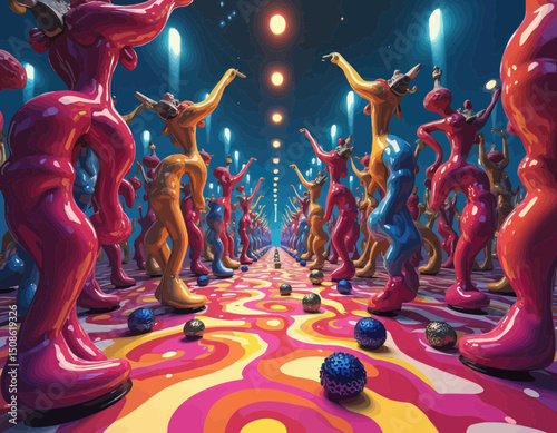 Colorful Abstract Figures Dancing on Psychedelic Path