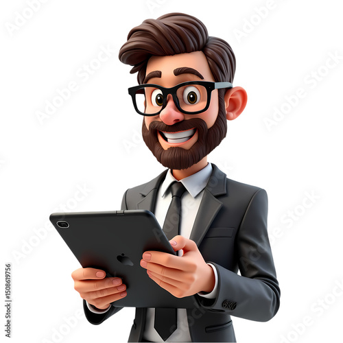 Cartoon businessman in suit holding a tablet with a cheerful expression against black background space isolated on transparent background