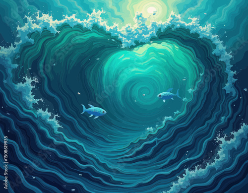 Heart Shaped Ocean Wave With Fish Digital Art