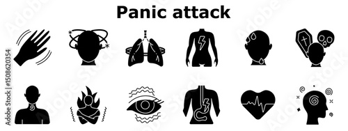 Panic attack set icon. Dizziness, trembling, chest pain, nausea, sweating, suffocation, fear, disorientation, hot flashes, rapid heartbeat, blurred vision, mental confusion.