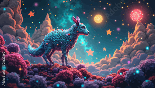 Pixel Art Fantasy Dog in a Colorful Night Sky