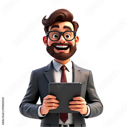 Cartoon man in suit holding tablet with beard and glasses smiling on a black background studio shot isolated on transparent background