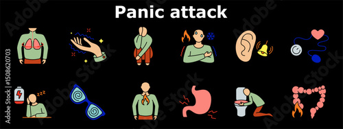 Panic attack set icon. Shivering, hyperventilation, despair, chest discomfort, chills, hallucination, fatigue, eye strain, nausea, vomiting, stomach cramp, pressure, hearing issue, confusion.