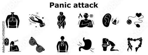 Panic attack set icon. Shivering, hyperventilation, despair, chest discomfort, chills, hallucination, fatigue, eye strain, nausea, vomiting, stomach cramp, pressure, hearing issue, confusion.