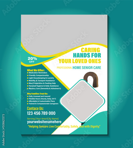 Elegant and fully editable flyer template for home senior care services. Ideal for promoting in-home assistance, elderly support, healthcare solutions, and compassionate caregiving providers.
