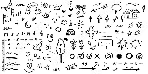 set of hand drawn arrows-Hand drawn crayon child pencil style icon set. Cute rainbow, heart, crown, flower and sun in black kid doodle style. Chalk texture, cloud, smile, star and sketch figure for