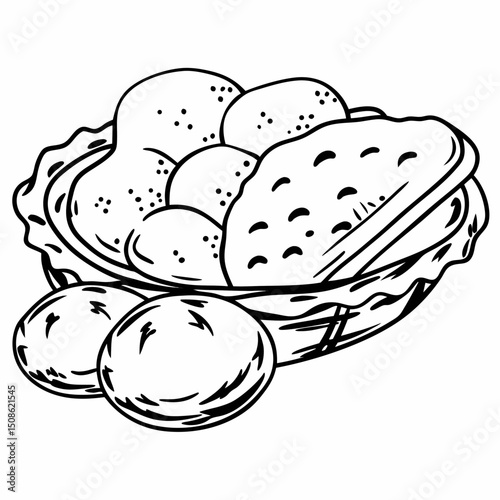 Fresh food vector illustration of bread, vegetables, and chicken on a plate, isolated for a healthy diet meal drawing