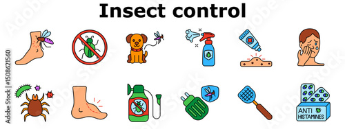 Insect control set icon. Mosquito bite, no bug sign, pet safety, repellents, itch, facial swelling, bacteria, rash, chemical spray, bite prevention, swatter, antihistamines. Multicolored icons.