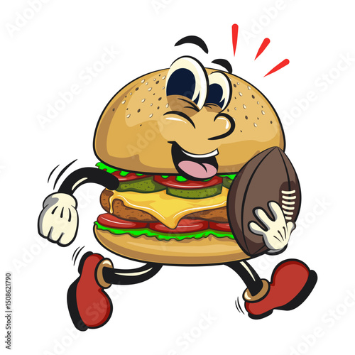 cute burger retro vektor illustration mascot character playing rugby and american football, work of hand drawn