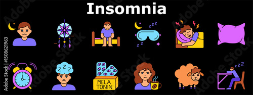 Insomnia set icon. Sadness at night, dreamcatcher, sleeplessness, eye mask, disturbed rest, pillow, clock, melatonin, tired face, coffee, sheep, fatigue. Multicolored icons.