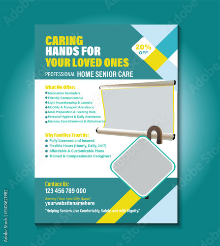 Elegant and fully editable flyer template for home senior care services. Ideal for promoting in-home assistance, elderly support, healthcare solutions, and compassionate caregiving providers.