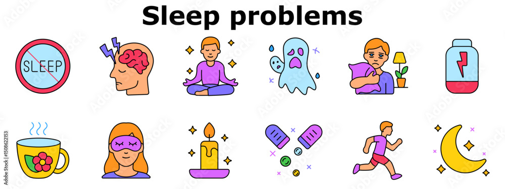 Fototapeta premium Sleep problems set icon. Insomnia symbol, overactive brain, meditation, nightmares, sadness, tiredness, tea, mask, candle, medicine, moonlight, running, anxiety. Multicolored icons.