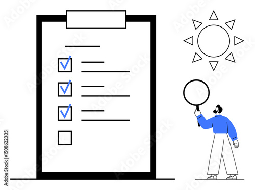 Large checklist with ticked boxes, character in a blue shirt holding a circle, and a sunny symbol. Ideal for productivity, planning, goals, organization, motivation, checklist simple landing page