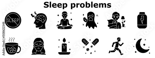 Sleep problems set icon. Insomnia symbol, overactive brain, meditation, nightmares, sadness, tiredness, tea, mask, candle, medicine, moonlight, running, anxiety.
