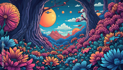 Vibrant Pixel Art Fantasy Landscape with Glowing Flowers