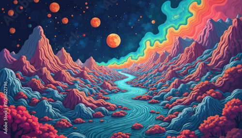 Vibrant Pixel Art Landscape with Colorful Mountains and River