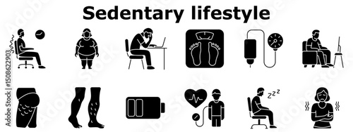 Sedentary lifestyle set icon. Back pain, obesity, fatigue, high blood pressure, poor circulation, tired legs, low energy, inactivity, varicose veins, health decline.