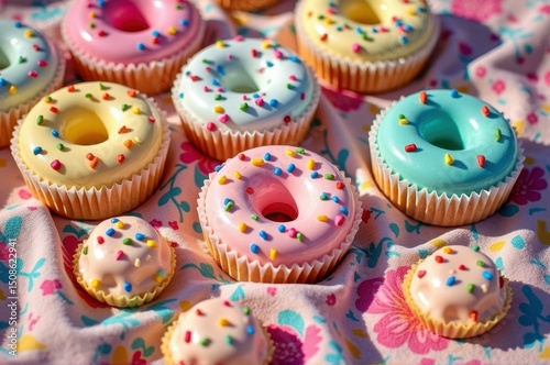 Colorful donut cupcakes with sprinkles on floral fabric background photo