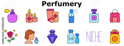 Perfumery set icon. Spray bottle, scented candles, cosmetic packaging, aromatic sprayer, luxury bottle, tester sample, rose scent, niche perfume, shopping. Multicolored icons