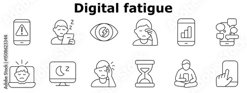 Digital fatigue set icon. Warning on phone, sleepy user, tired eyes, screen time, mobile overload, laptop stress, computer sleep, headache, time drain, phone addiction.